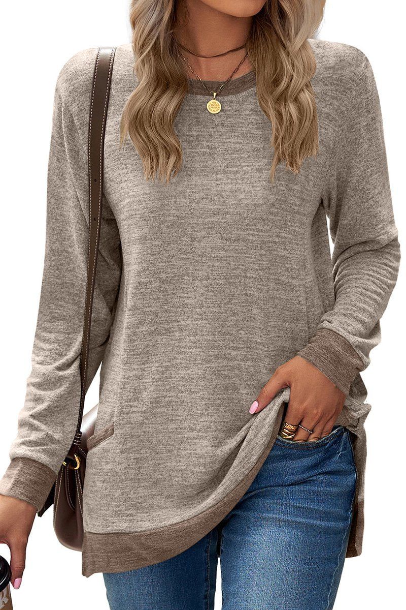 WOMEN ROUND NECK PULLOVER TOP WITH POCKETS