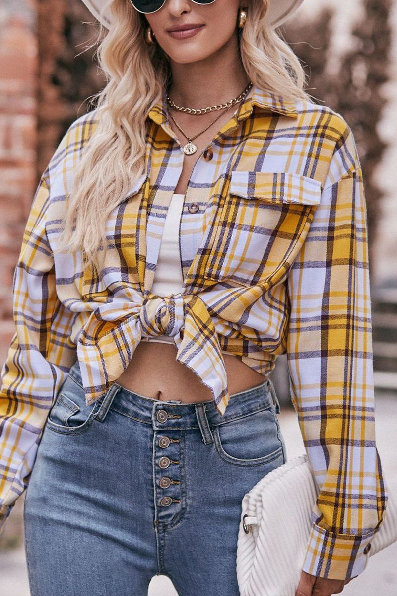 WOMEN PLAID PATTERN FRONT TIED BUTTON UP SHIRTS