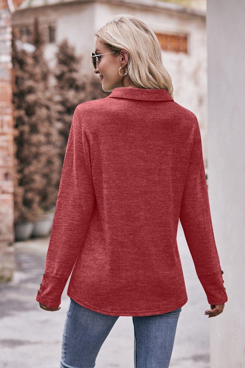 COLLARED V NECK LONG SLEEVE CASUAL BLOUSE TOP