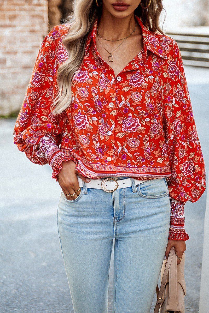 WOMEN BOHEMIAN PATTERN BUTTON UP OVERSIZED SHIRT