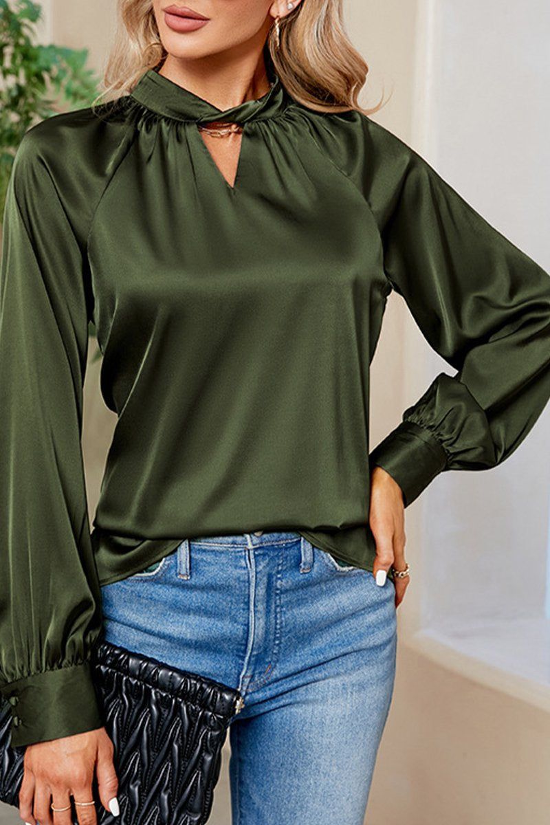 LOOSE FIT KEYHOLE NECK BUTTON CUFF GLOSSY BLOUSE