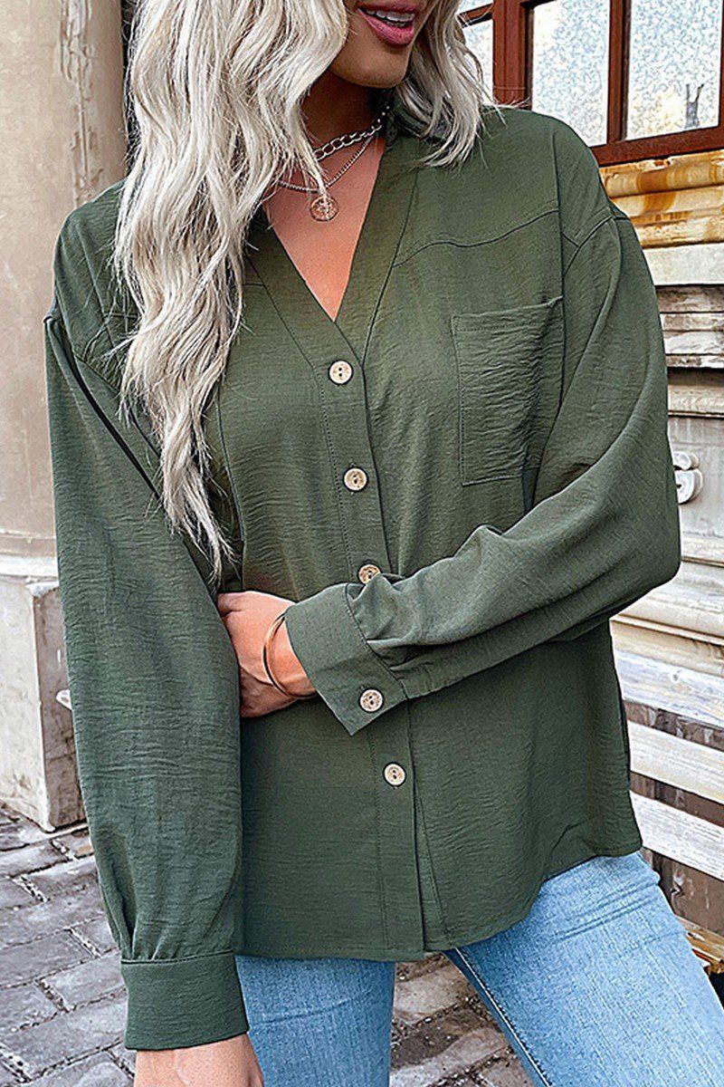 WOMEN V NECK LOOSE FIT BUTTON DOWN SHIRTS
