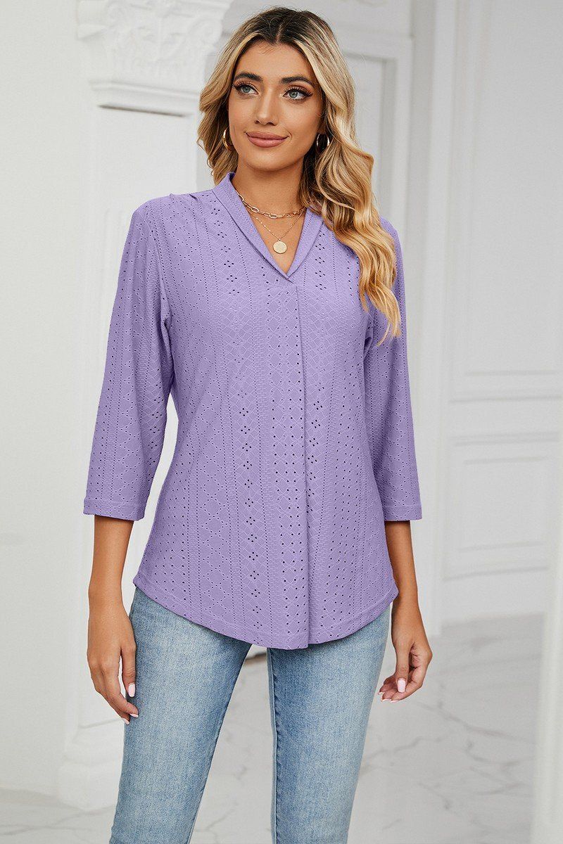 WOMEN EYELET COLLARED 3/4 SLEEVED BLOUSE TOP