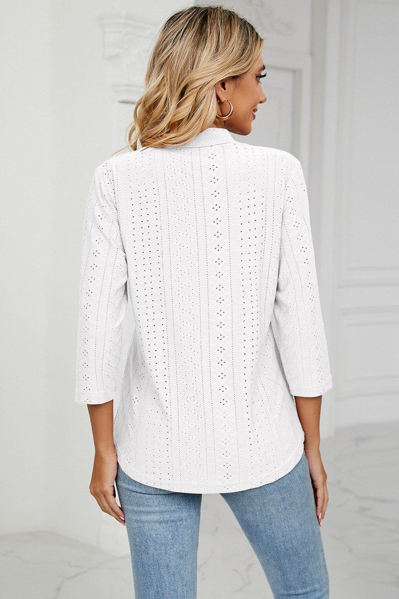 WOMEN EYELET COLLARED 3/4 SLEEVED BLOUSE TOP