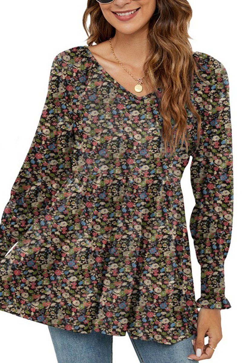 WOMEN LOOSE FIT FLORAL PATTERN RUFFLED TUNIC TOP