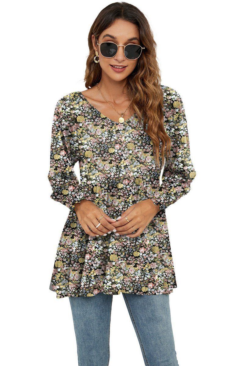WOMEN LOOSE FIT FLORAL PATTERN RUFFLED TUNIC TOP