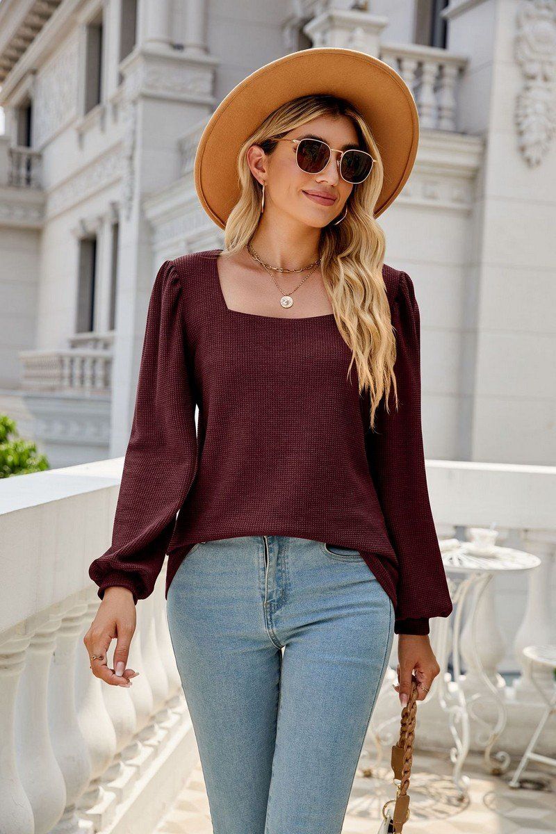 WOMEN WAFFLE KNIT SQUARE NECK PUFF SLEEVE TEE
