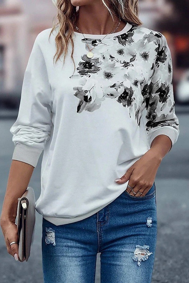 WOMEN ROUND NECK FLORAL PRINTING LONG SLEEVE TOP