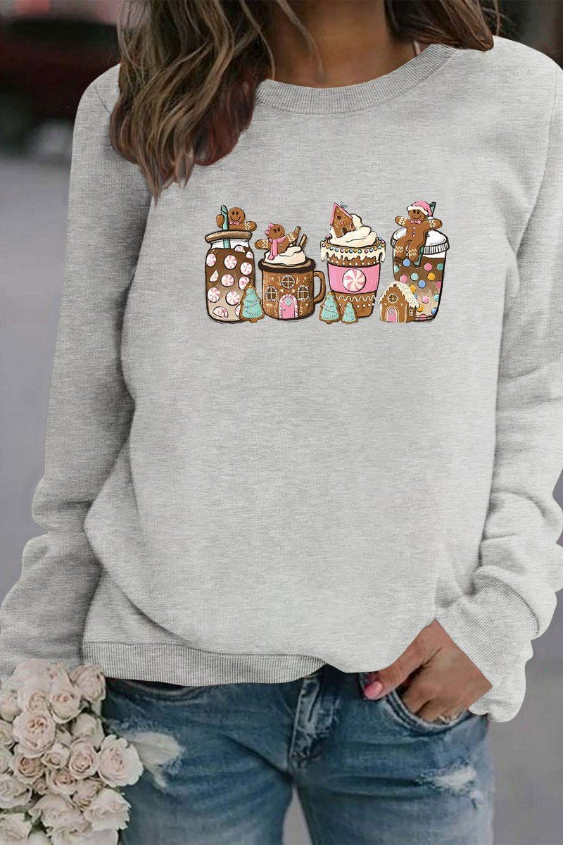 WOMEN CUTE PRINTING OVERSIZED RIBBED PULLOVER TOP