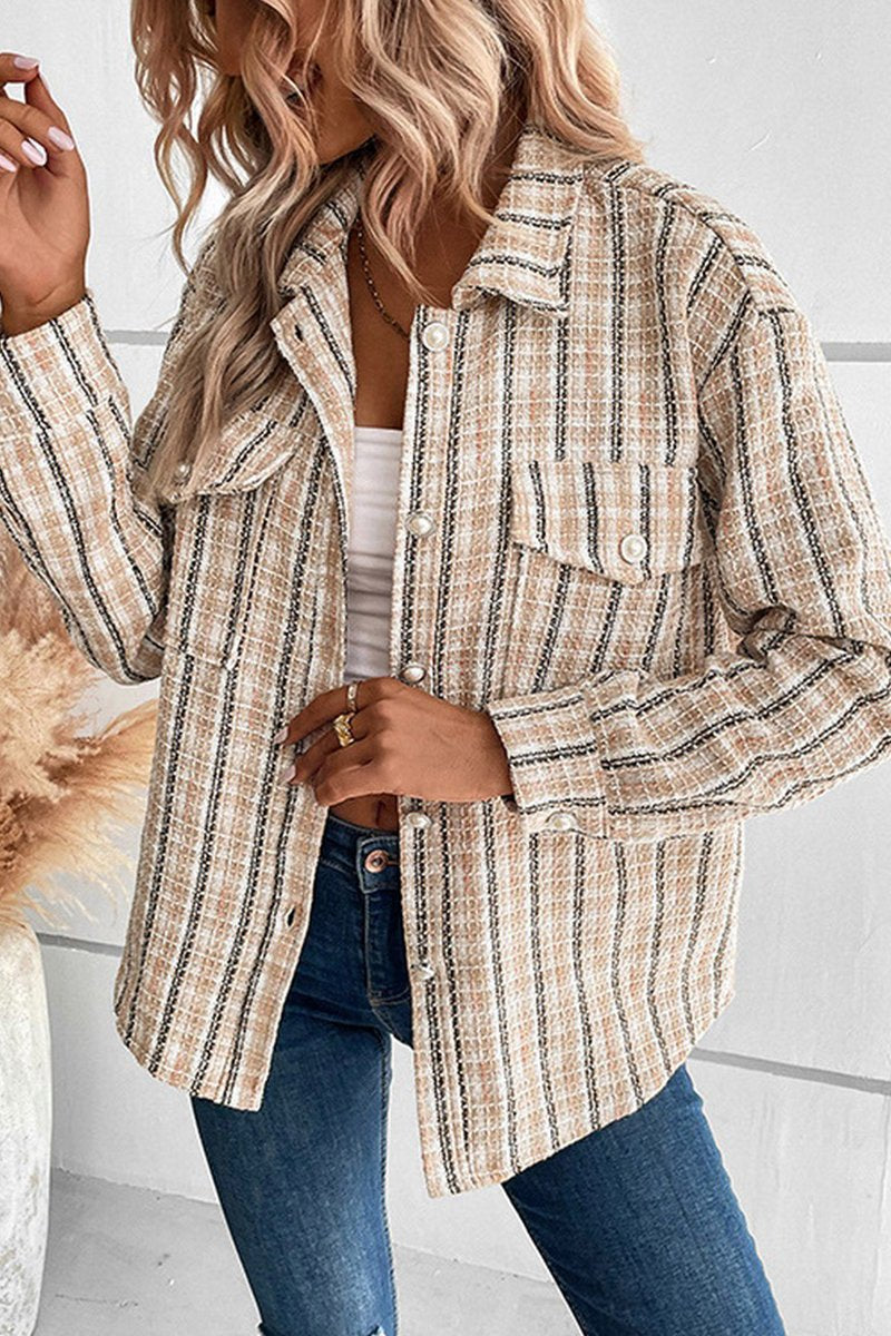 WOMEN CASUAL BUTTON CUFF PLAID POCKETS SHACKET