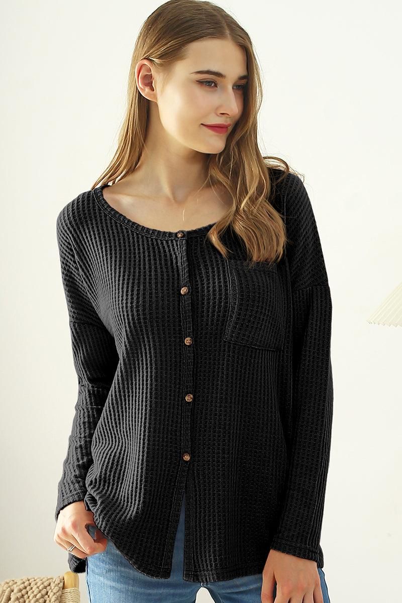 R NECK DETAILED BUTTON BRUSHED WAFFLE TOP - Doublju