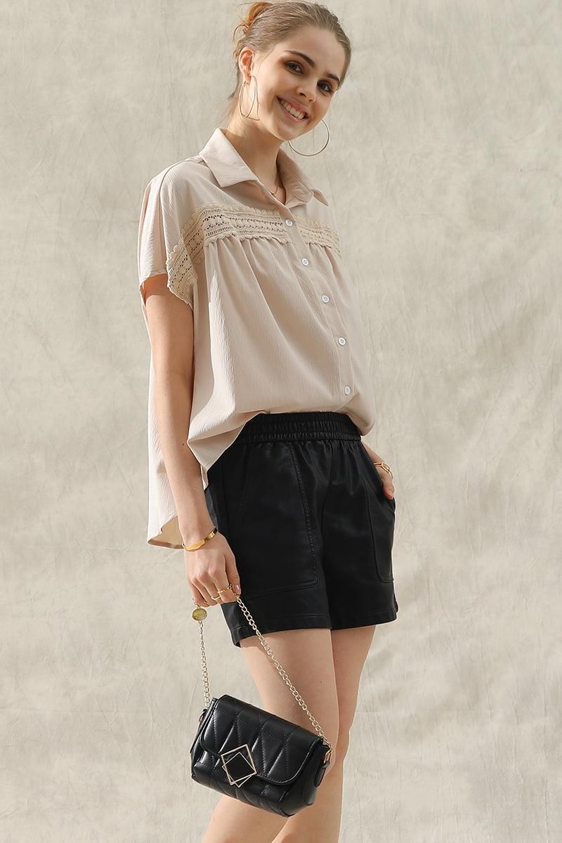 LACE POINT BUTTON UP LOOSE COLLAR SHIRTS - Doublju