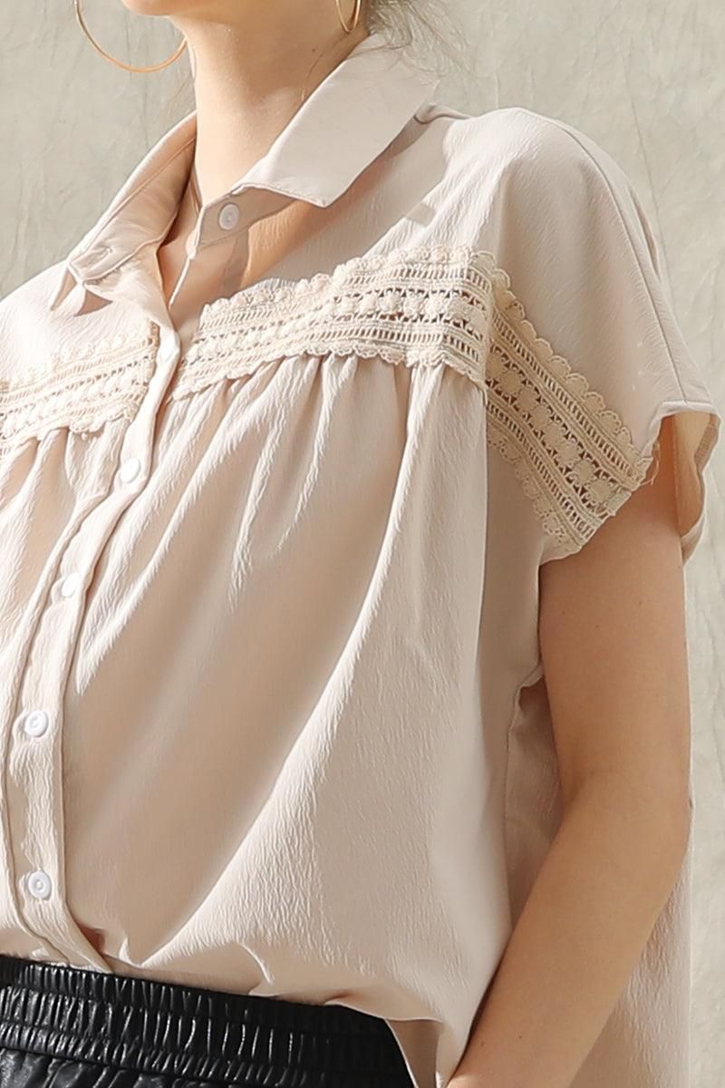 LACE POINT BUTTON UP LOOSE COLLAR SHIRTS - Doublju