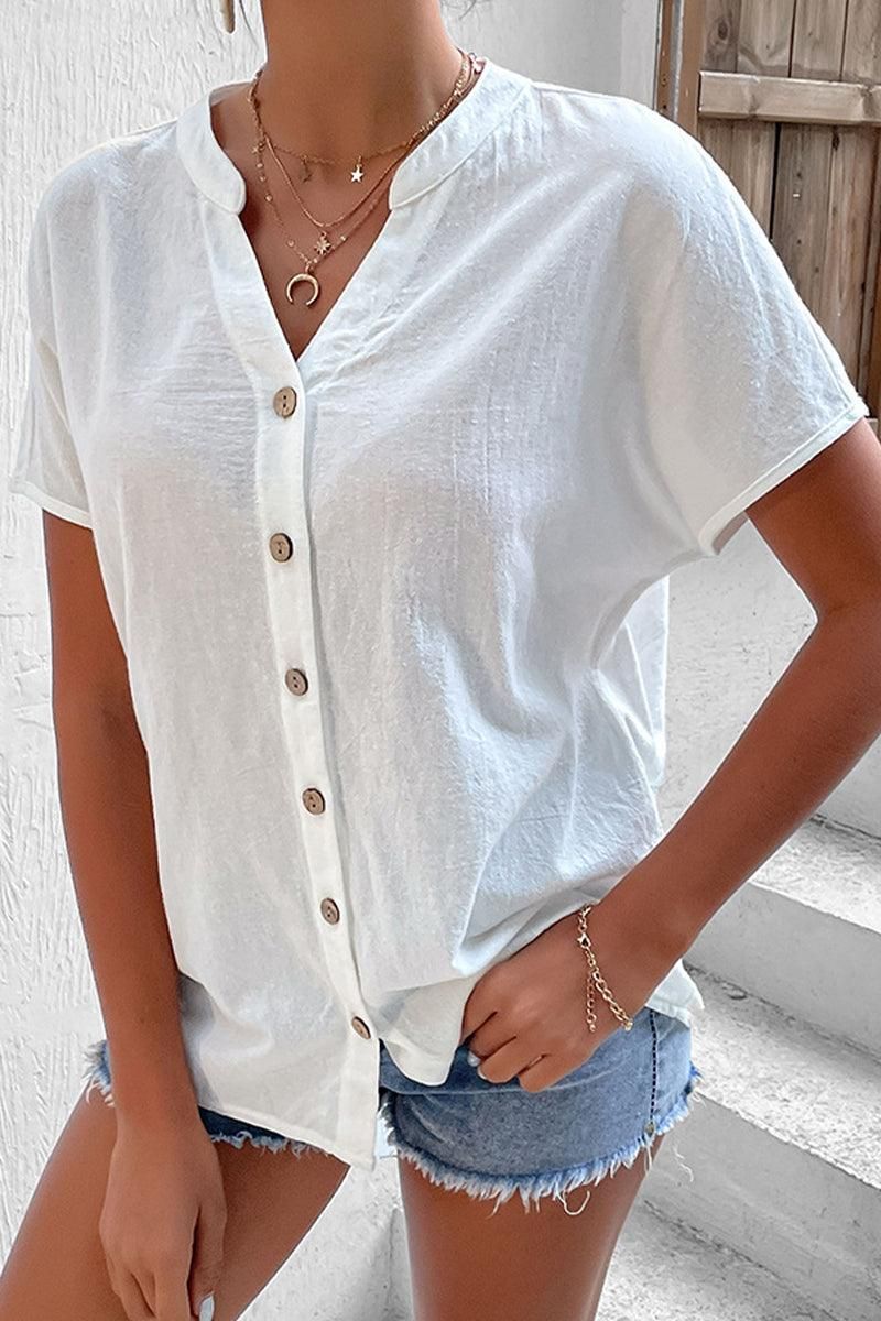 WOMEN BUTTON UP V NECK WHITE SHIRTS - Doublju