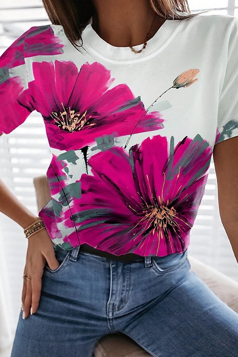 WOMEN FLORAL PRINTING DAILY SHORT SLEEVE T SHIRT