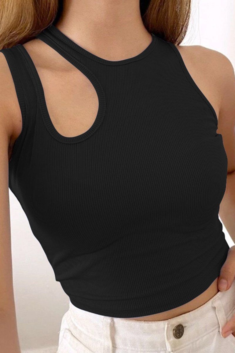 RIBBED CUT OUT SLEEVELESS CREW NECK TANK TOP