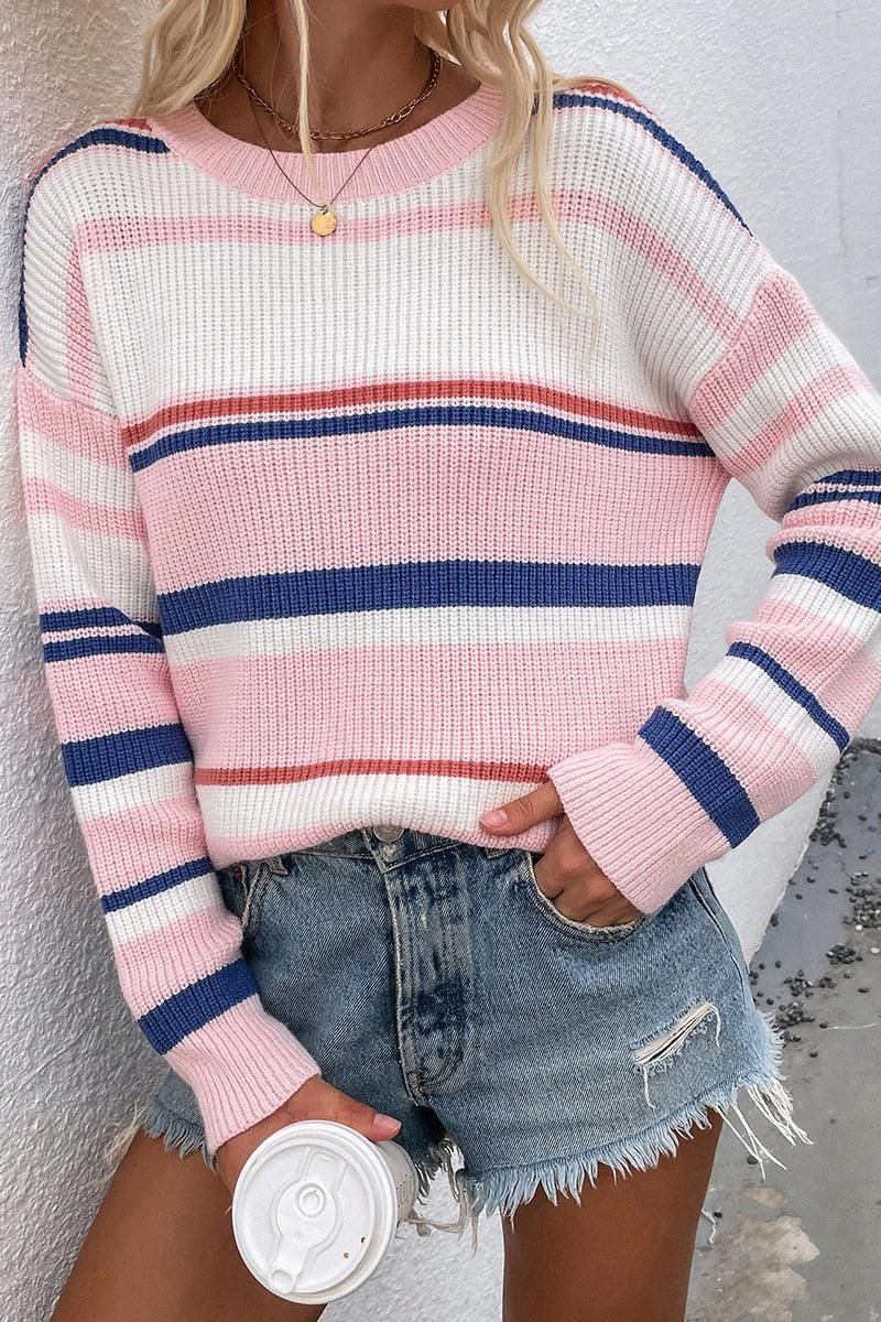 ROUND NECK STRIPED SWEATER - Doublju