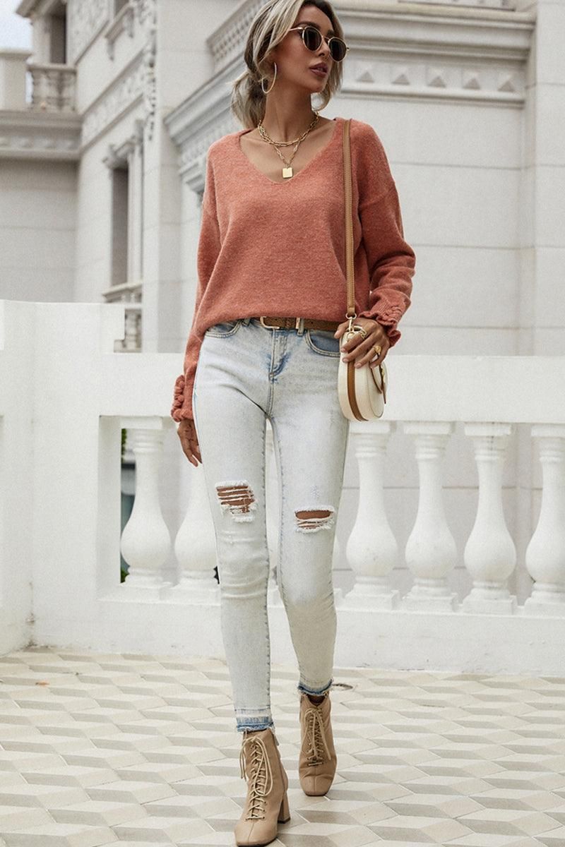 BUTTON LOOSE SOLID COLOR PULLOVER SWEATER - Doublju