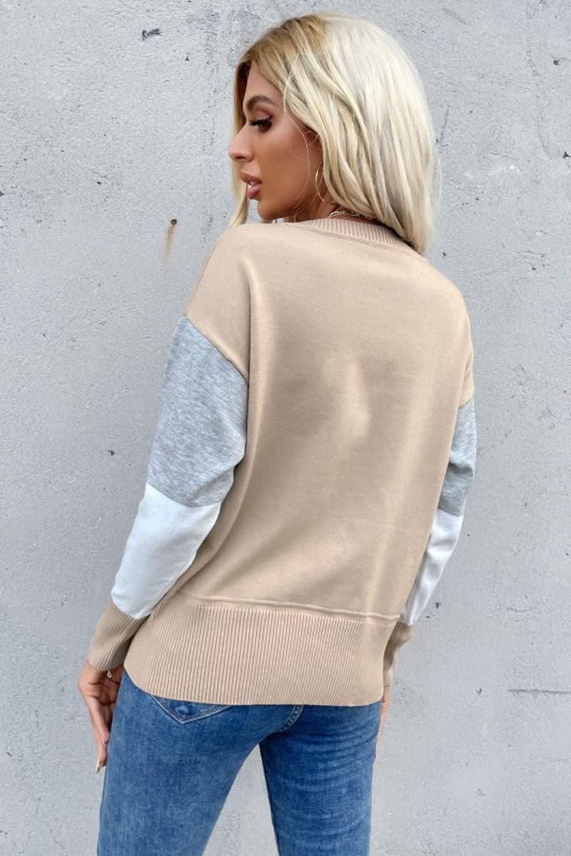 ROUND NECK STITCHING LONG SLEEVE KNITTED TOP - Doublju