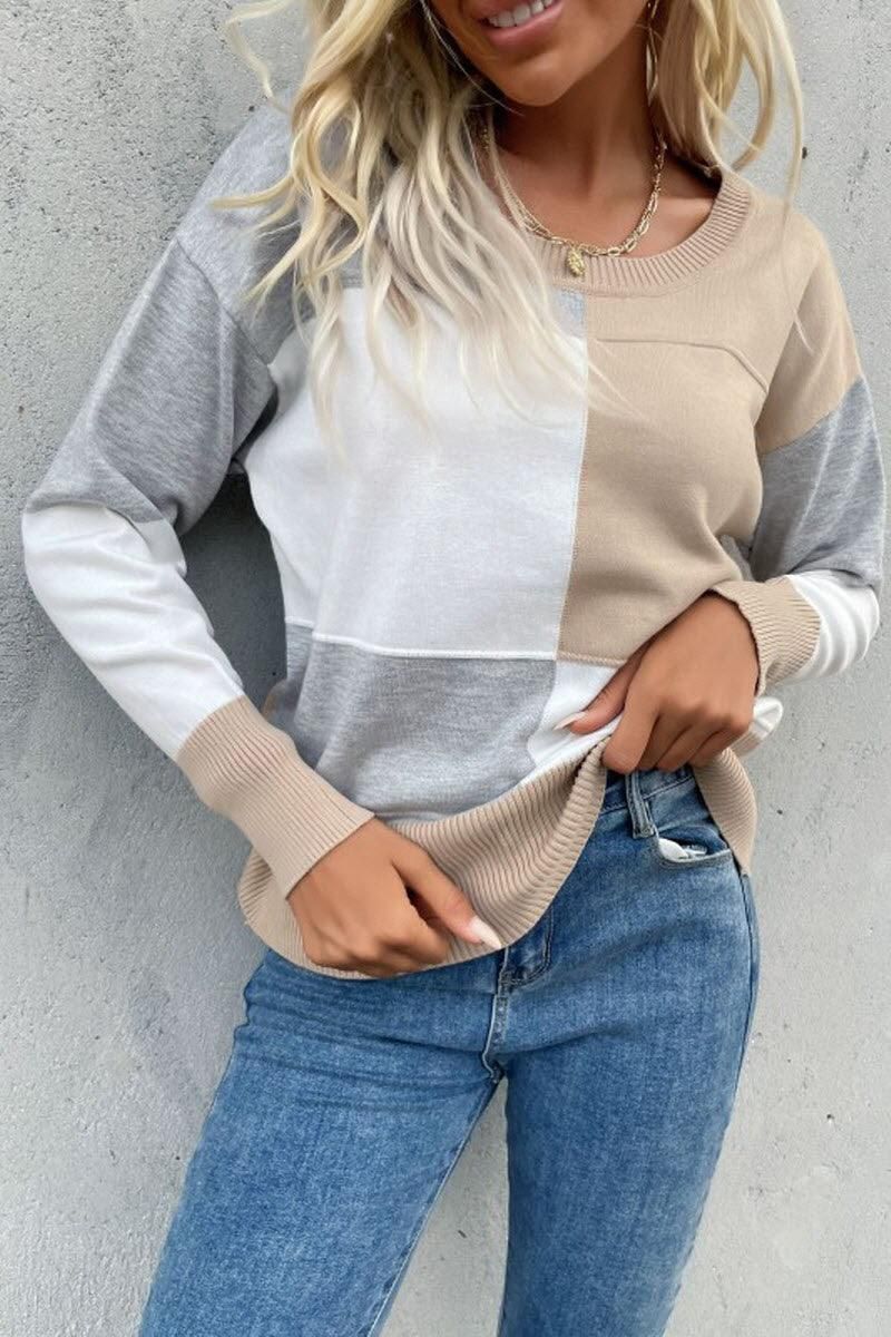 ROUND NECK STITCHING LONG SLEEVE KNITTED TOP - Doublju