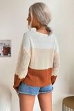 COLOR MATCHING LONG SLEEVED ROUND NECK KNITTED TOP - Doublju