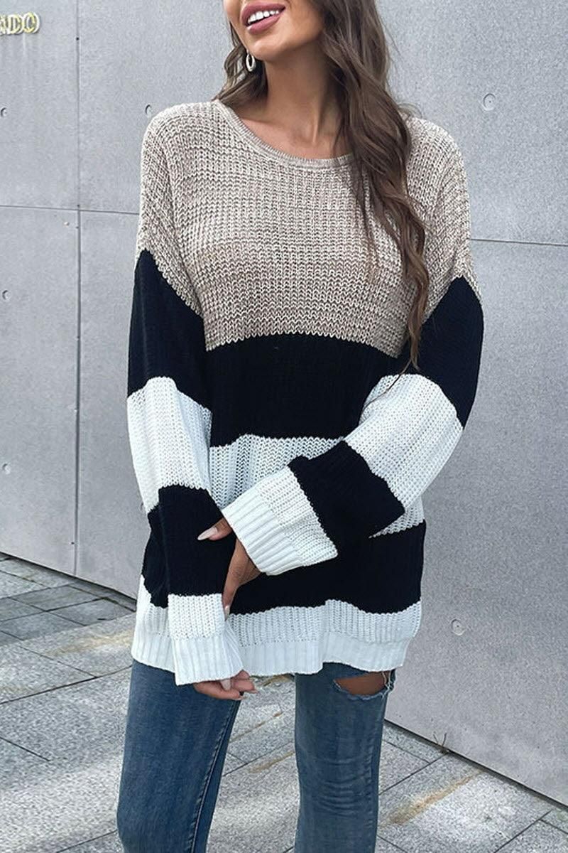 STRIPED ROUND NECK KNITTED SWEATER - Doublju