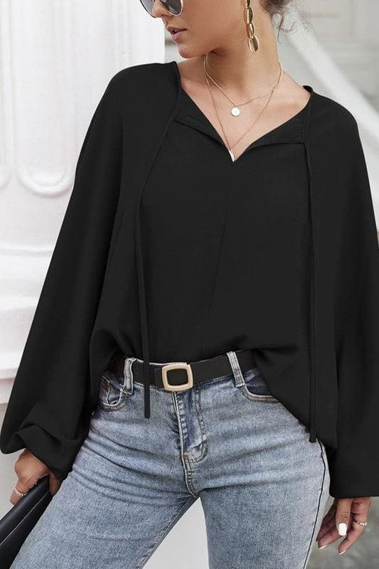 SOLID SOLOR TIE NECK LONG SLEEVE TOP - Doublju