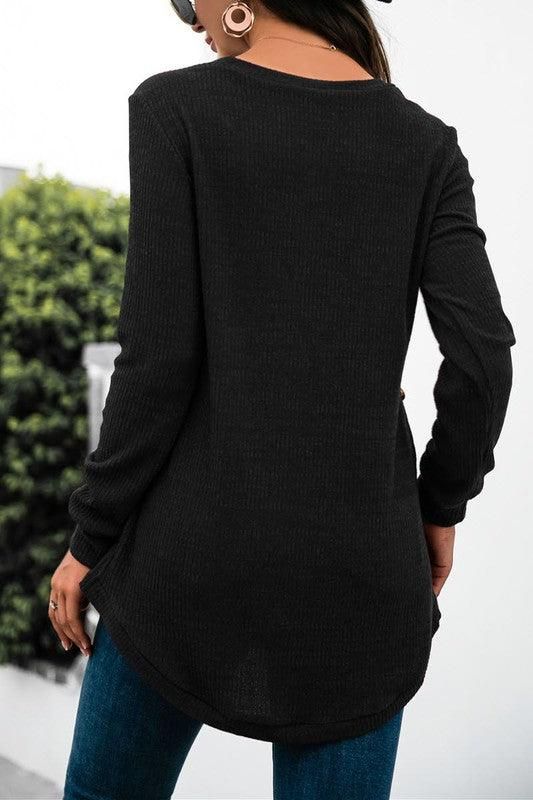 SOLID COLOR SIDE BUCKLE KNITTED LONG SLEEVE TOP - Doublju