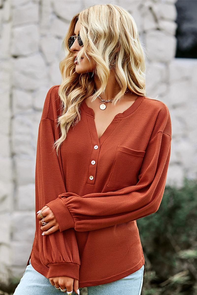 WAFFLE KNITTED BUTTON NECK LOOSE FIT TOP - Doublju