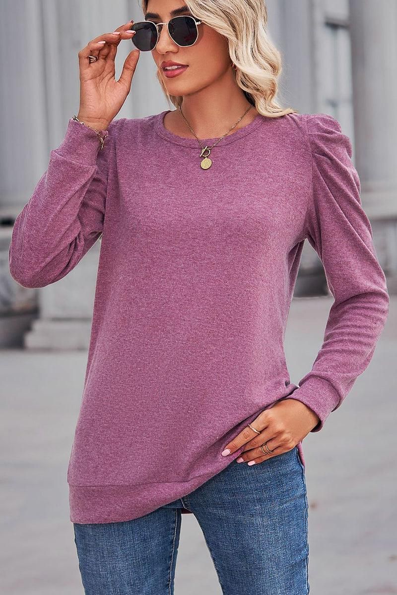WOMEN LOOSE FIT SHIRRED PUFF SLEEVE PULLOVER TOP - Doublju