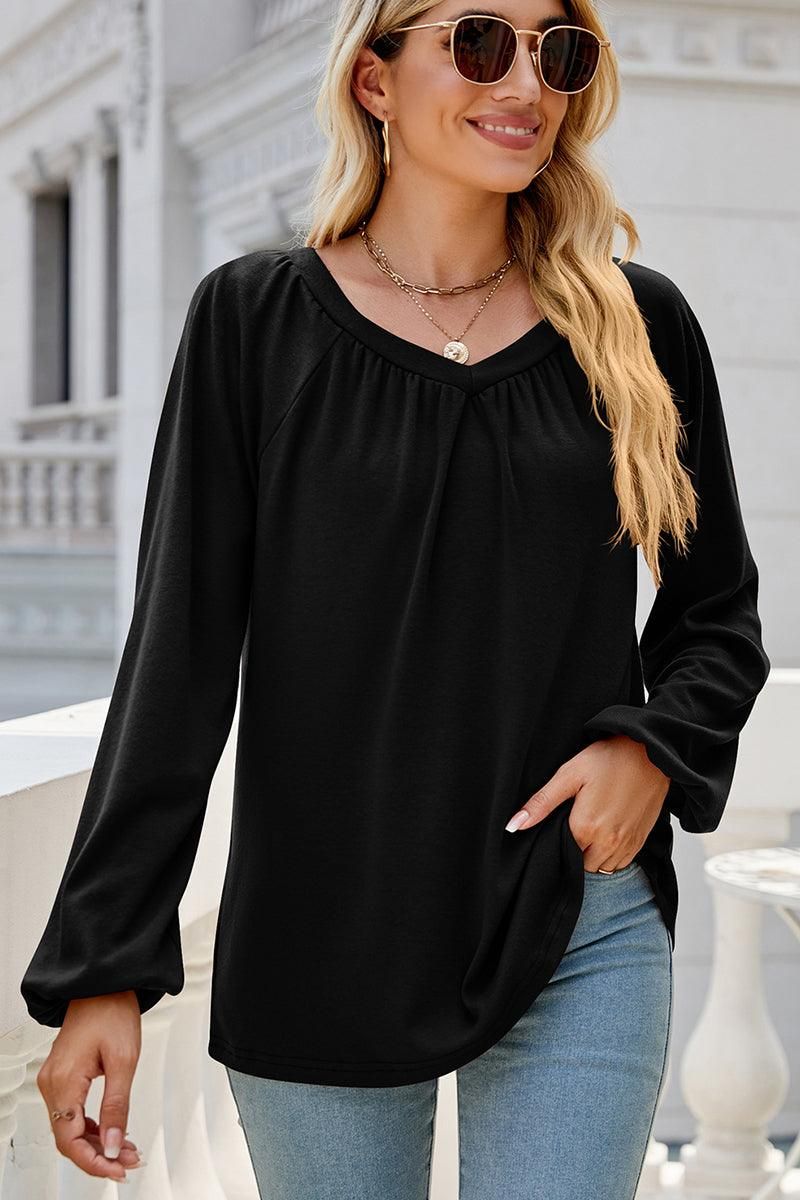 WOMEN SHIRRED LONG LANTERN SLEEVE LOOSE FIT TEE - Doublju