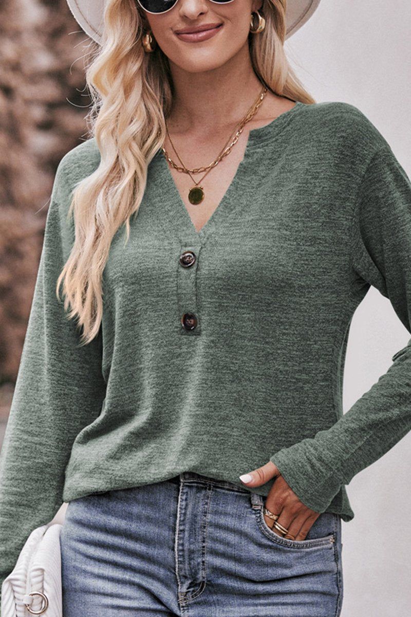 WOMEN BRUSHED BUTTONED V NECK LOOSE FIT TOP