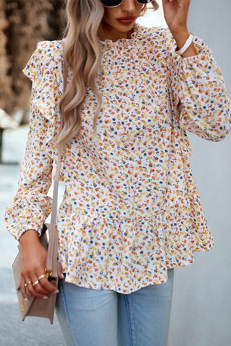 WOMEN FLOUNCE NECK RUFFLED LONG SLEEVE TUNIC TOP
