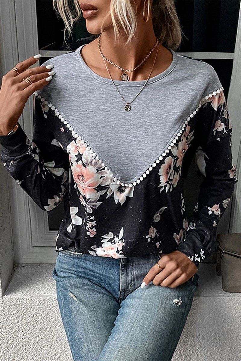 WOMEN ROUND NECK FLORAL PRINTING LONG SLEEVE TEE