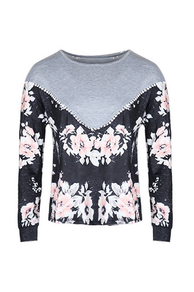 WOMEN ROUND NECK FLORAL PRINTING LONG SLEEVE TEE