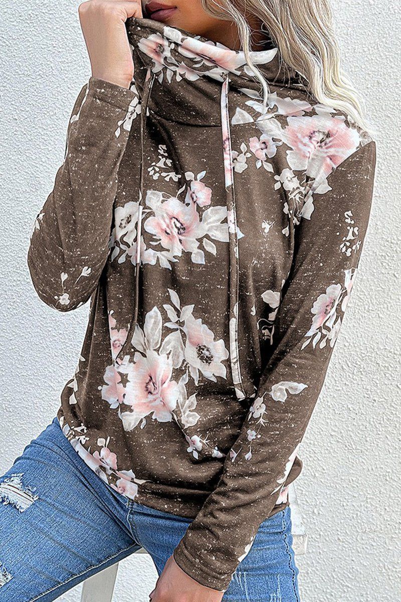 WOMEN TURTLE NECK FLORAL PRINTING PULLOVER TEE