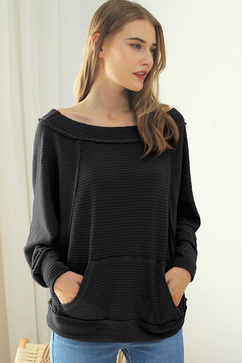 BOAT NECK POCKETED PULLOVER SWEATER KNIT TOP - Doublju