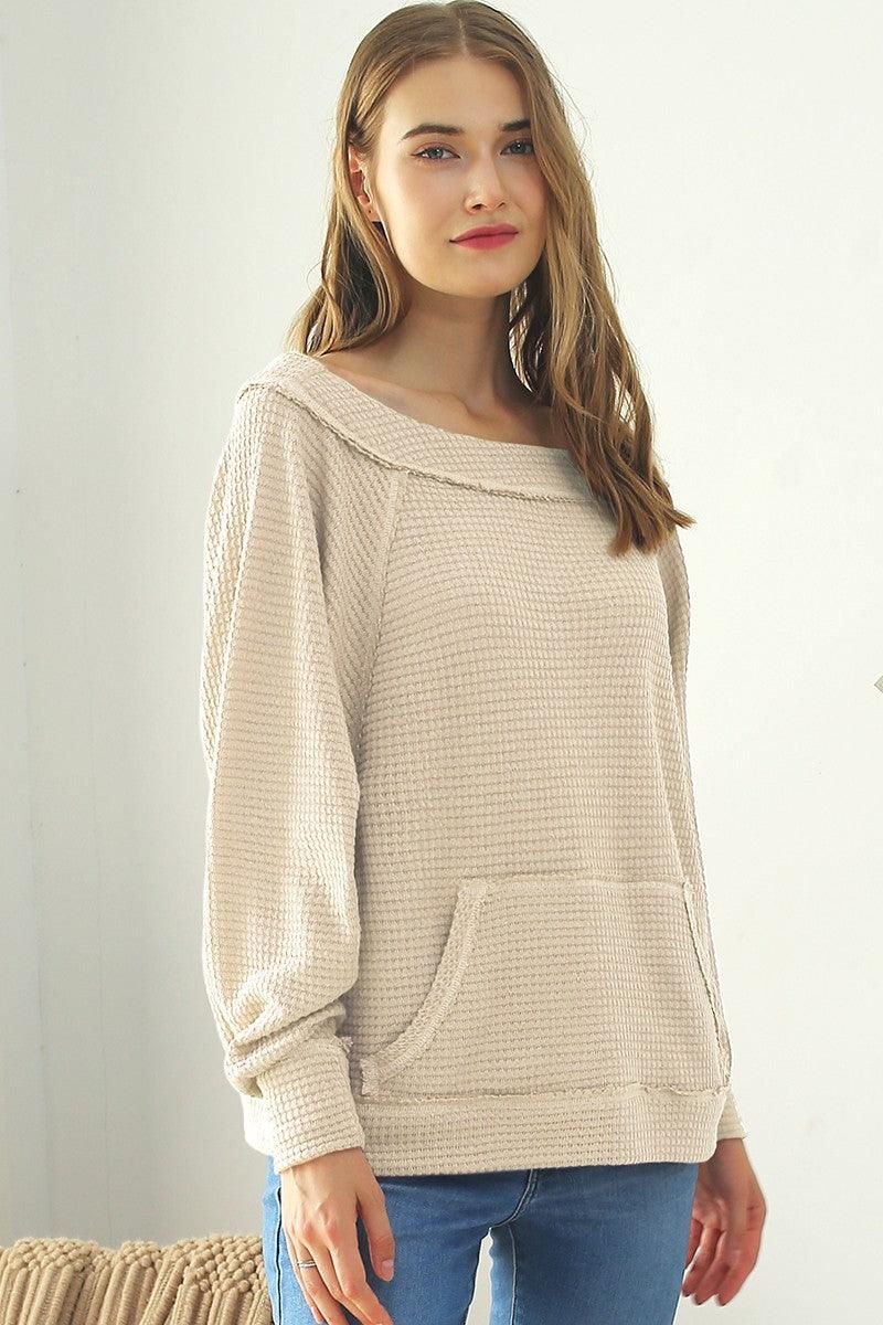 BOAT NECK POCKETED PULLOVER SWEATER KNIT TOP - Doublju