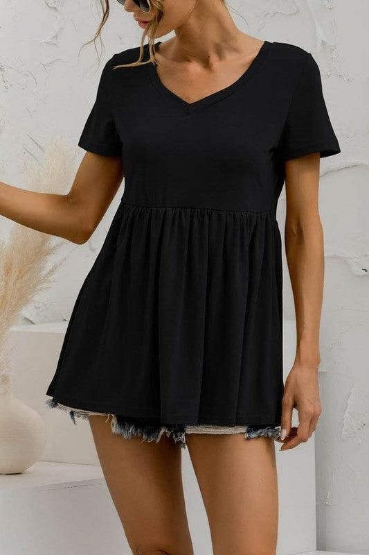 V NECK SHORT SLEEVED DOLL SHIRT TOP - Doublju