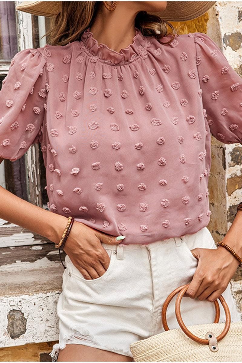 RUFFLED NECK DOT DETAILED SHORT SLEEVE TOP - Doublju