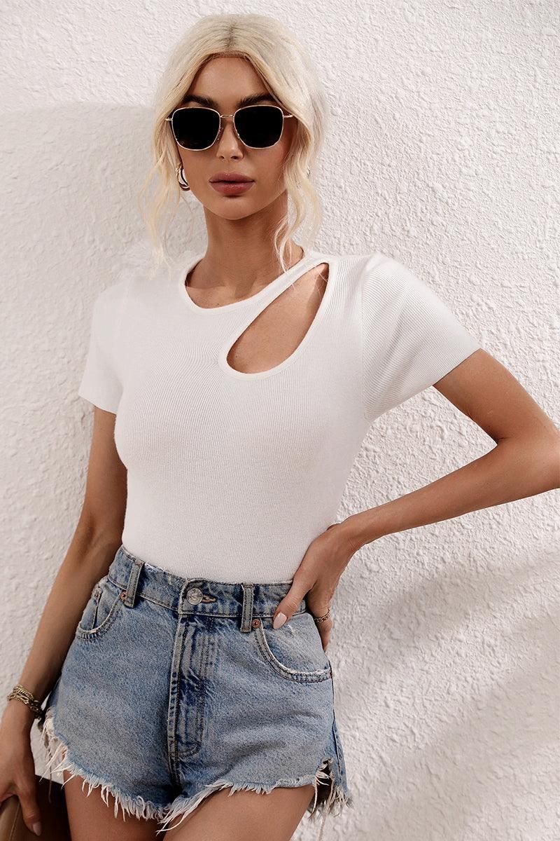 CUT OUT NECK SHORT SLEEVE CASUAL TOP - Doublju