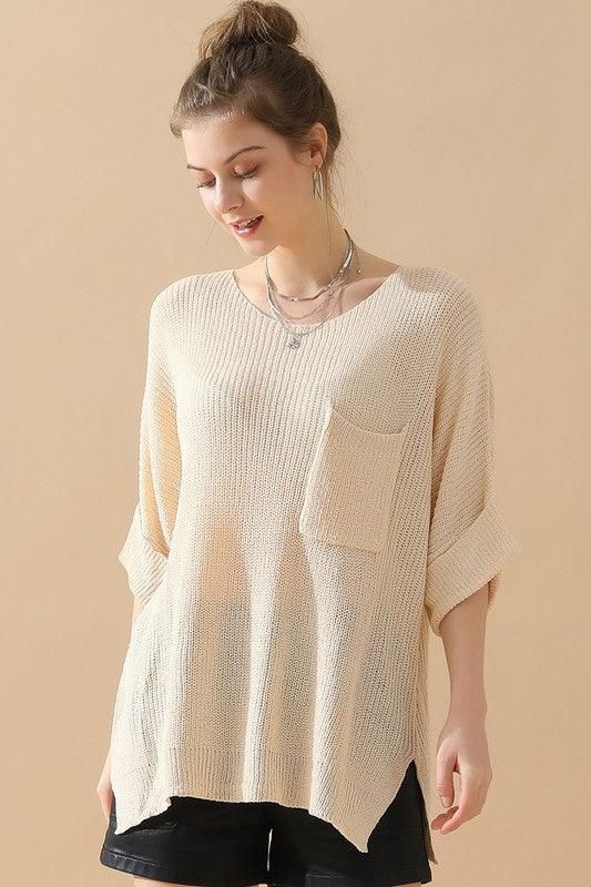 LOOSE FIT ROLLED 4/3 SLEEVE KNIT TOP - Doublju