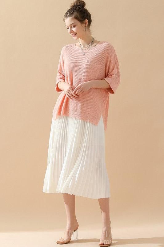 LOOSE FIT ROLLED 4/3 SLEEVE KNIT TOP - Doublju