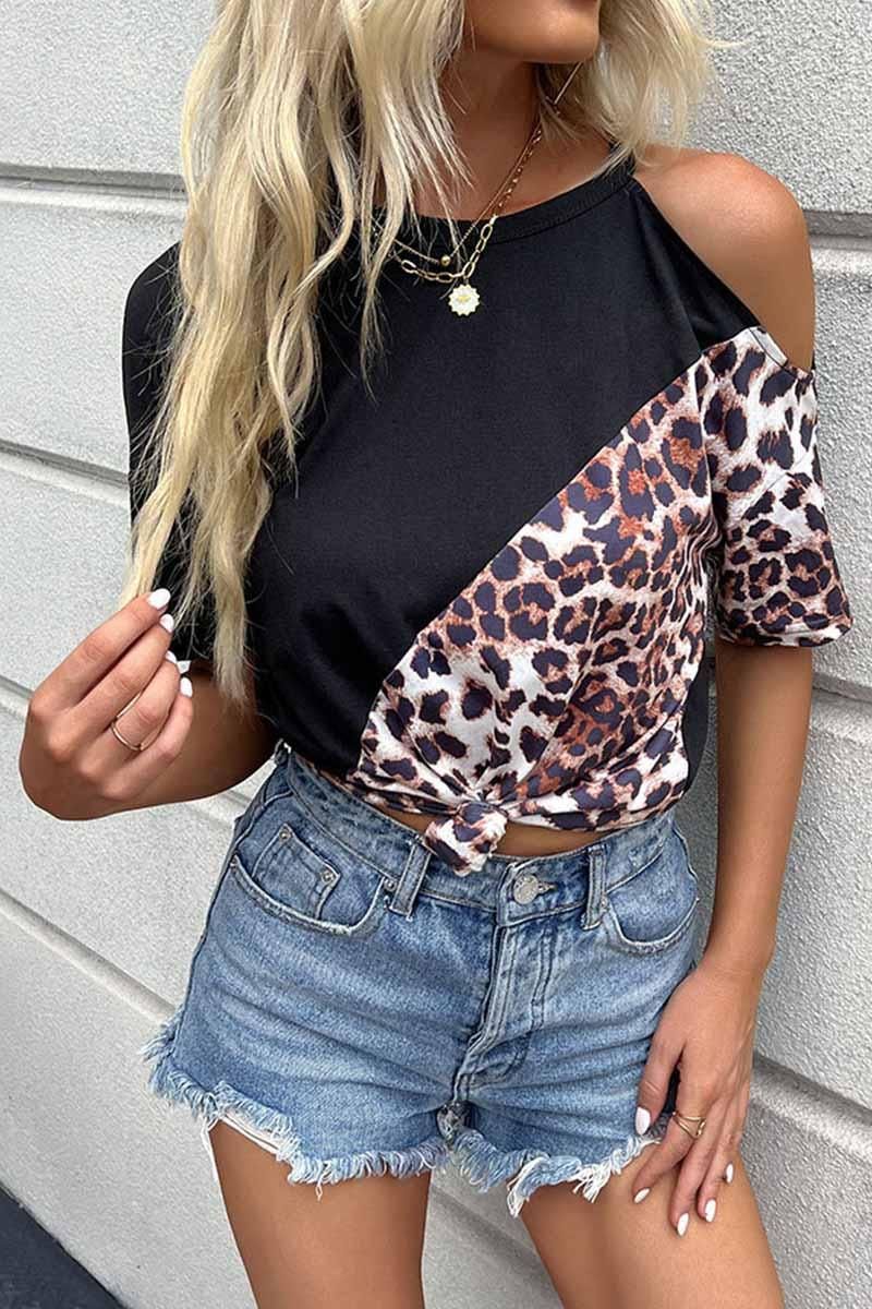LEOPARD ONE HOLE SHOULDER TEE - Doublju