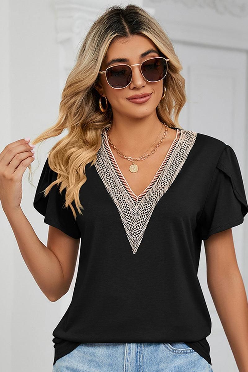 GOLD LACE V NECK RUFFLE SHORT SLEEVE TOP - Doublju