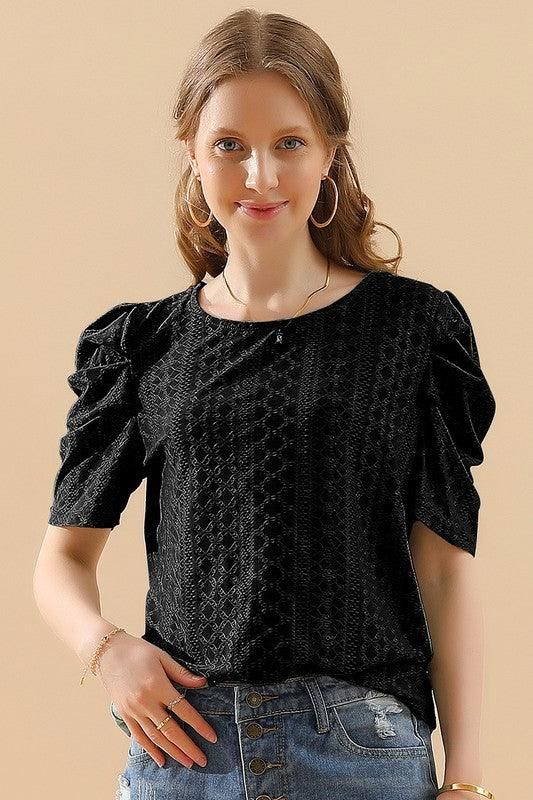 PUNCHING LACE PLEATED PUFF SLEEVE T-SHIRTS - Doublju