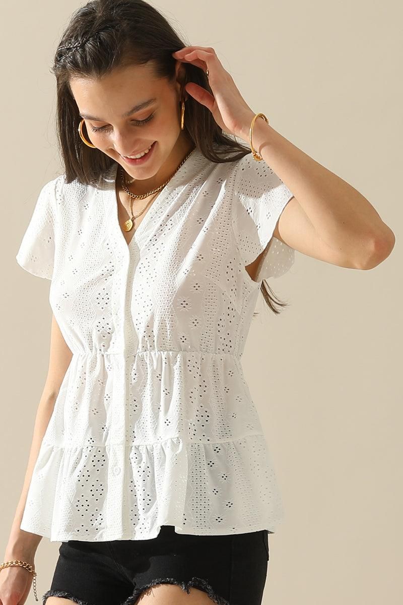 PUNCHING LACE BUTTON UP CANCAN BLOUSE - Doublju