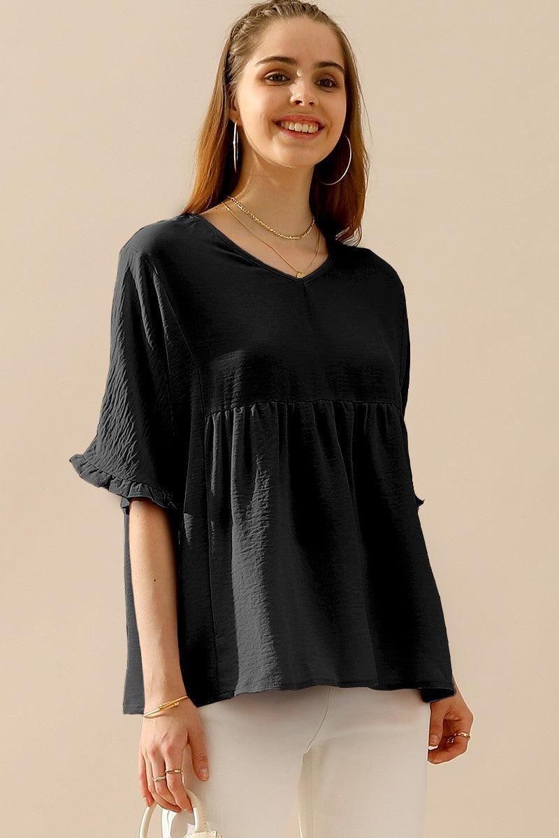 V NECK LOOSE CHIFFON RUFFLED TUNIC TOP - Doublju