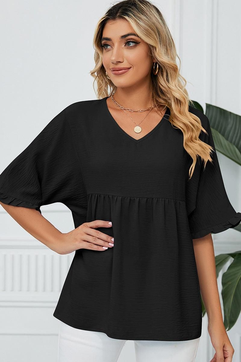 V NECK LOOSE CHIFFON RUFFLED TUNIC TOP - Doublju
