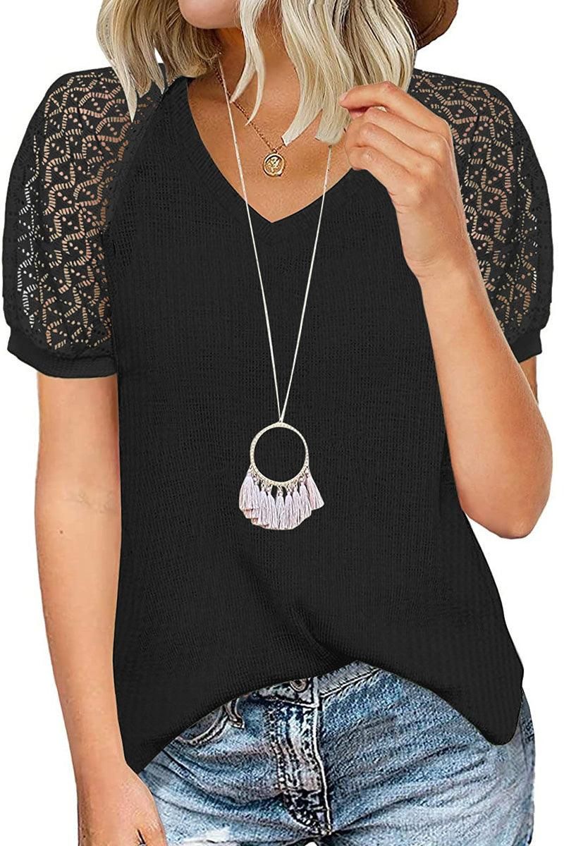 PUNCHING LACE SLEEVE V NECK WAFFLE TOP - Doublju